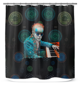 Vibrant Blossom Buddies Shower Curtain in a beautifully lit bathroom setting.